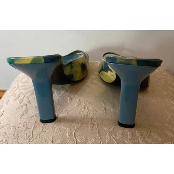 Via Spiga Open-Toe Mules Yellow & Blue Abstract Pattern Shoes Heels Size 10 - Picture 5 of 9
